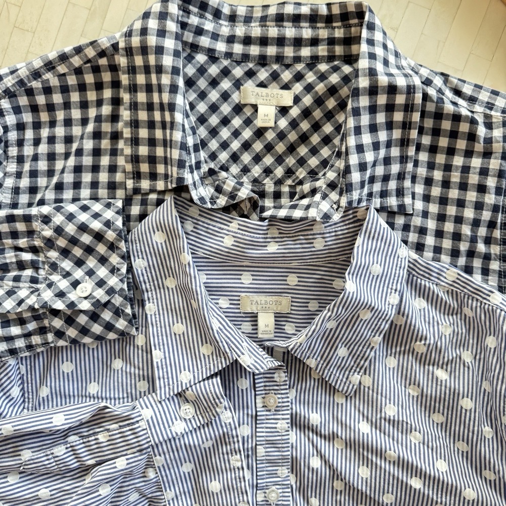 Talbots Top Lot Sz M Navy Gingham Blue  Stripe Dot Print Button Up Shirt Office